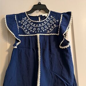 MINE Navy Blue Embroidered Top with White Trim NWOT Medium